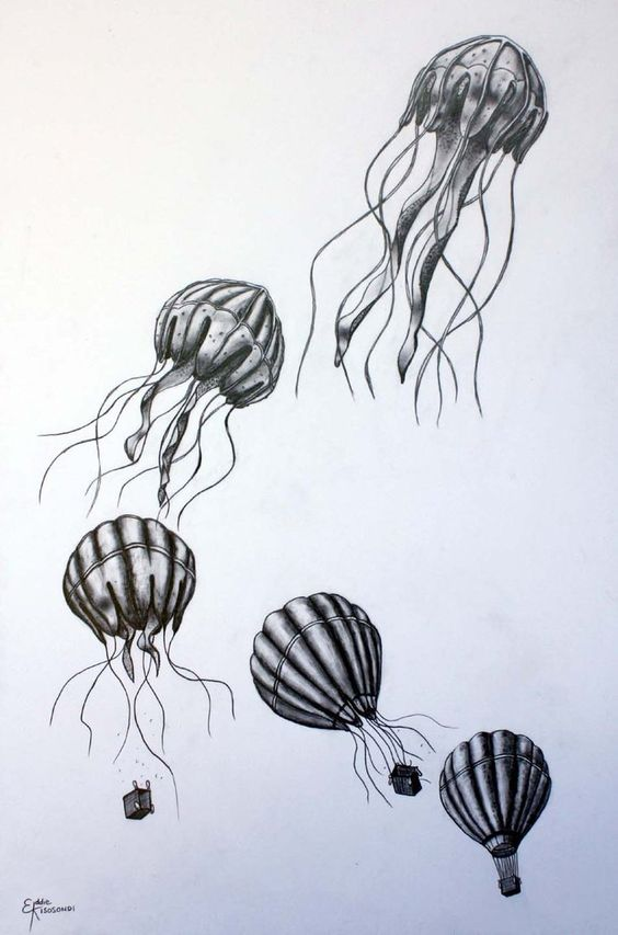 Five progressive images of a hot air balloon turning into a jelly fish.